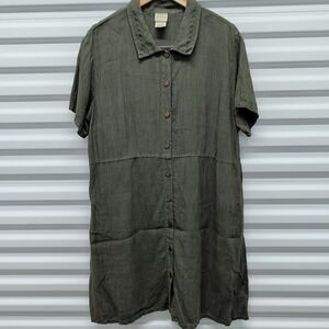Marc Ware Size L Women Olive‎ Green 100% Linen Embroidered Collar Shirt Dress